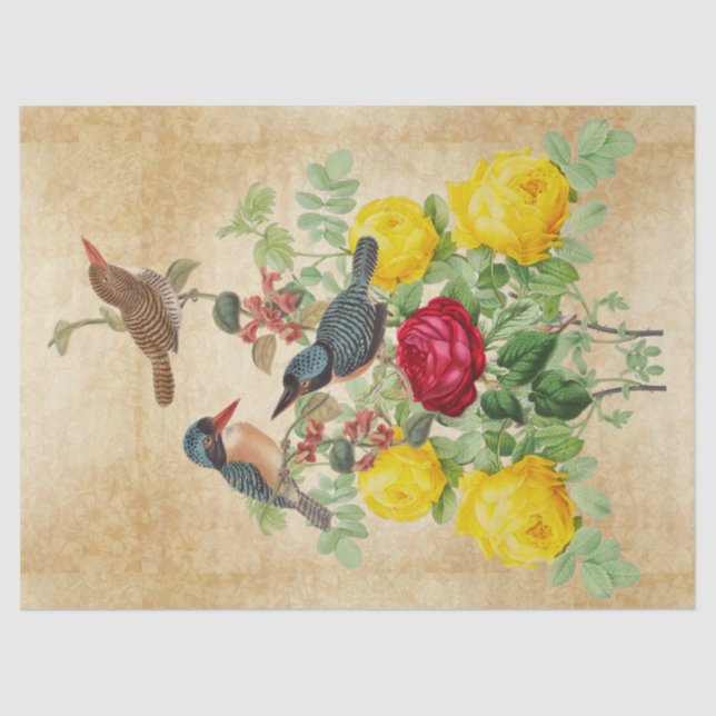 Papel de Seda Pássaro Kingfisher Antigo e Rosas (Frente )