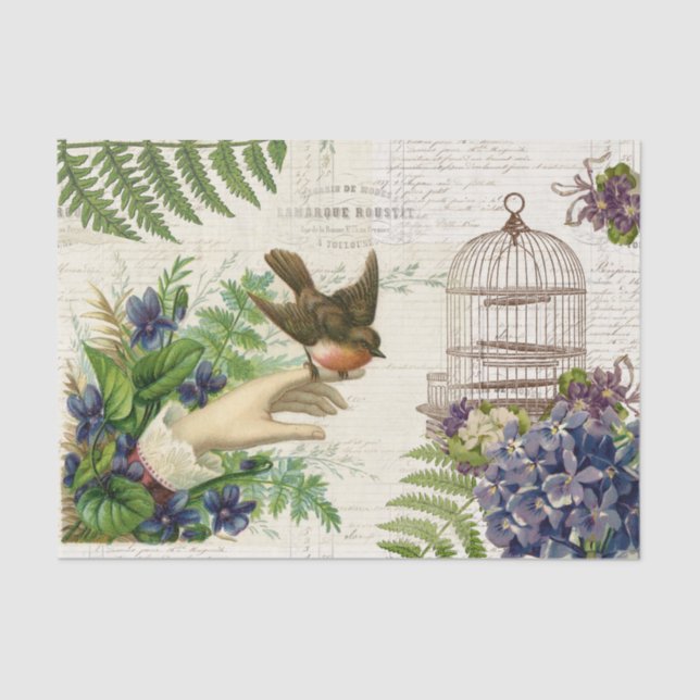 Papel De Seda Pássaro na Mão Violeta Violetas Tecido (Frente )