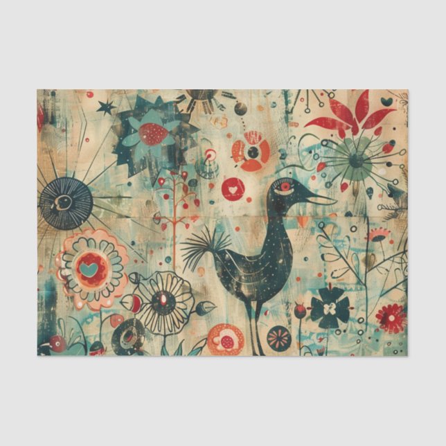 Papel De Seda Passaro Preto Caprichoso com Flores e Rabiscos (Frente )