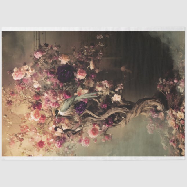 Papel De Seda Pássaro Verde e Floral Vibrante, Árvore Eetérea (Frente )