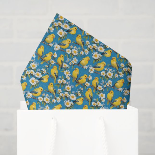 Papel De Seda Pássaros Amarelos Goldfinch Em Ramais Com Visitas (Sacola de presentes)