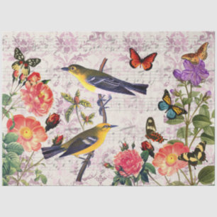 Papel De Seda Pássaros Amarelos Vintage Flores Decoupage Partitu