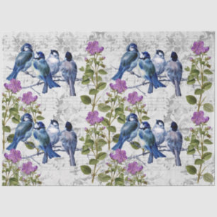 Papel De Seda Pássaros Azuis Vintage, Flores Roxas, Música Cinza