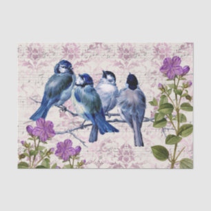 Papel De Seda Pássaros Azuis Vintage, Flores Roxas, Música Lavan