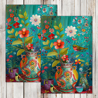 PAPEL DE SEDA PÁSSAROS COLORIDOS COM FLORES EM VASO DECOUPAGEM