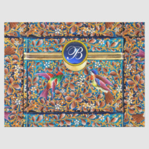 PAPEL DE SEDA PÁSSAROS COLORIDOS E MONOGRAMA AZUL DA GEMA DOS