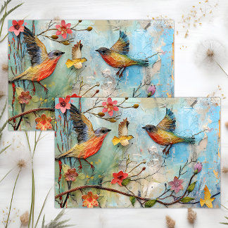 PAPEL DE SEDA PÁSSAROS COLORIDOS EM VOO MIXED MEDIA DECOUPAGE
