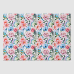 Papel De Seda Pássaros com Padrão Floral Flores Folhagem Azul Ve