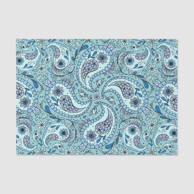 Papel De Seda Pássaros da Paisley em azul-bebê (Frente )