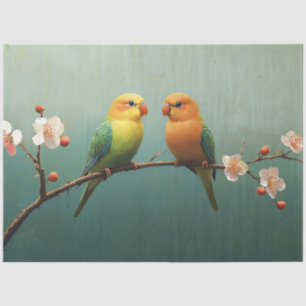 Papel De Seda Pássaros do Amor em um Branch de Flores Rosa