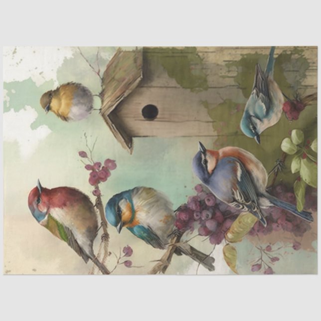 Papel De Seda Pássaros e Flores Série de Desenho de Efêmeras #11 (Frente )