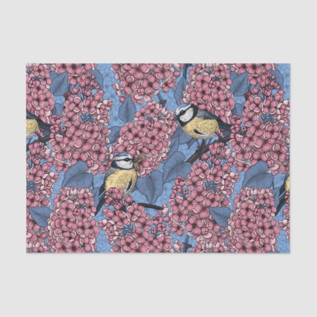 Papel De Seda Pássaros-em-cola no jardim lilás (Frente )