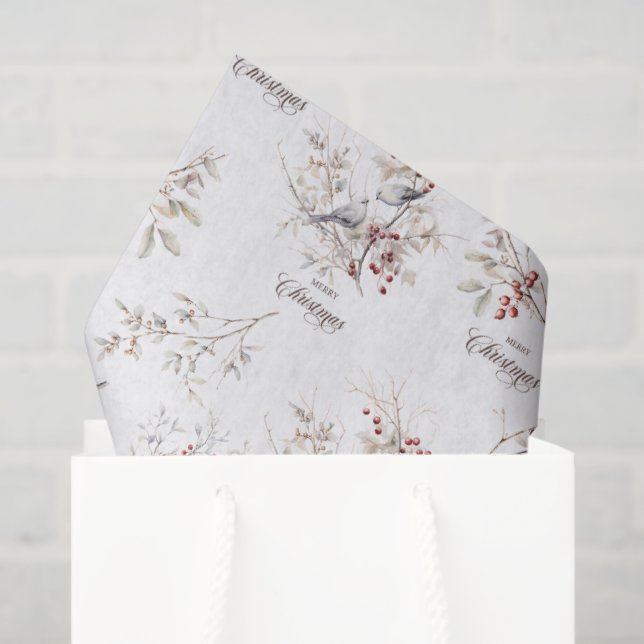 Papel De Seda Pássaros Invernos Simples Berries Vermelha Natal (Sacola de presentes)