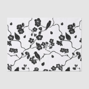 Papel De Seda Pássaros Pretos e Brancos com Padrões de Cereja