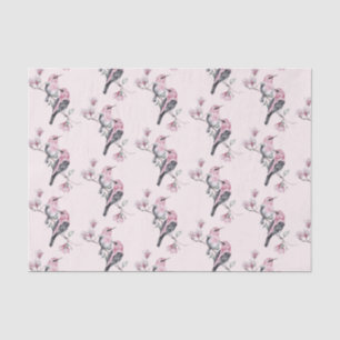 Papel De Seda Pássaros Rosa e Preto em um Padrão de Ramificação