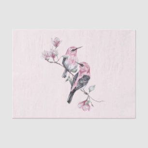 Papel De Seda Pássaros rosa e pretos em uma ramificação de árvor