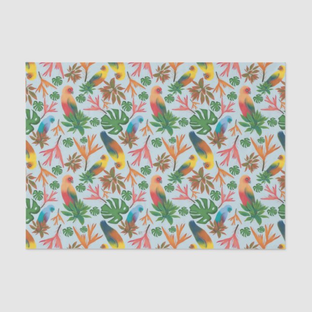 Papel De Seda Pássaros Tropicais Padrão Floral Pastel (Frente )