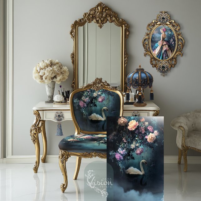 Papel De Seda Passeio Noturno, Cisne de Fantasia Sombria (Evening Stroll, Swan Lake, Ethereal Floral Fantasy Digital Art Decoupage Tissue Paper )