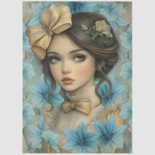Papel De Seda Pastel Blue Florals & Girl with Flower in Her Hair (Frente )