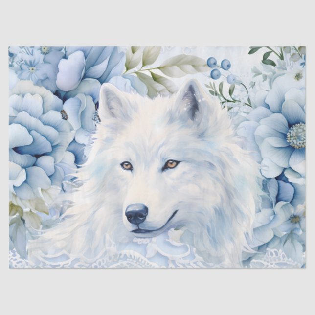 Papel De Seda Pastel Blue Victorian Florals & White Wolf Head  (Frente )