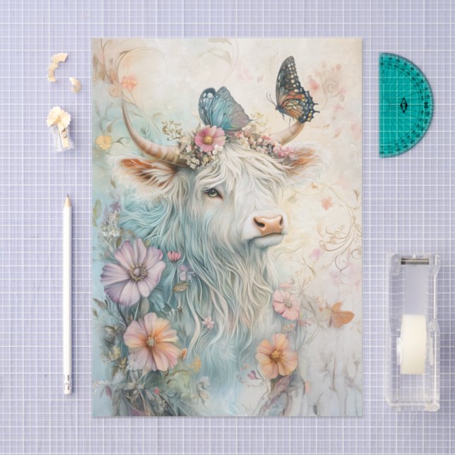 Papel De Seda Pastel Floral Highland Cow Decoupage (Arte )
