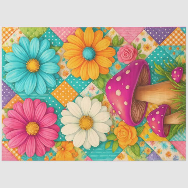 Papel De Seda Patchwork Garden – Whimsical Floral & Mushroom (Frente )