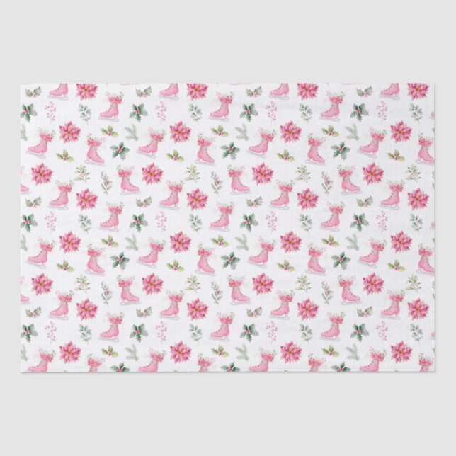 Papel De Seda Patins de Gelo Rosa Floral de Natal (Frente )