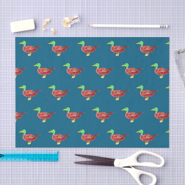 Papel De Seda Pato-Marreco com Cabeça Verde em Aquarela (Arte )