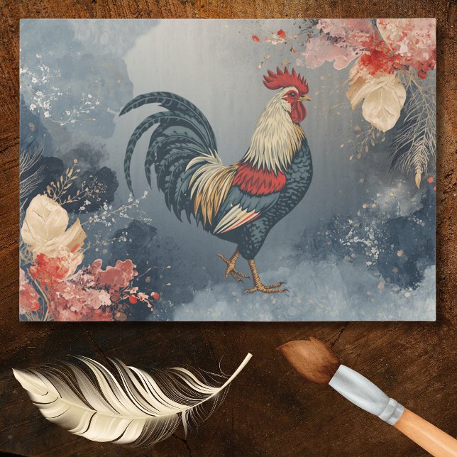 Papel De Seda Patriotic Red White Blue Rooster Flowers Leaves (Criador carregado)