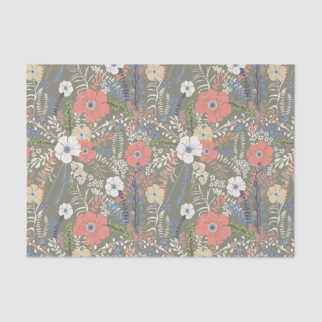 Papel De Seda Patten Floral Verde Azul-Coral Elegante (Frente )