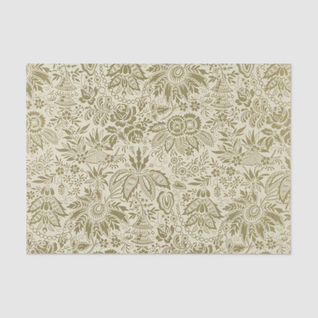 Papel De Seda Patterno Floral Verde Sage - Damasco Antiquado (Frente )