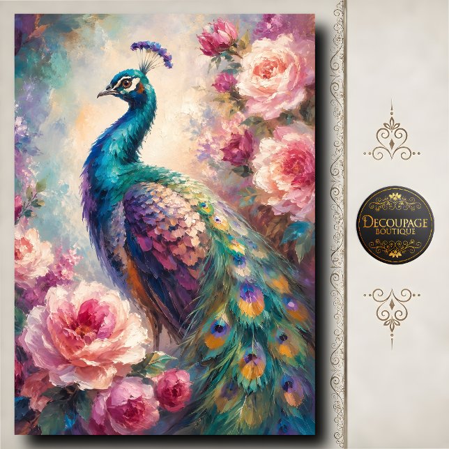 Papel De Seda Pavão de Rosa Rosa Decoupage (Pink Rose Peacock Decoupage Tissue Paper)