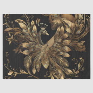 Papel De Seda Pavão Dourado Com Penas Azuis em Preto