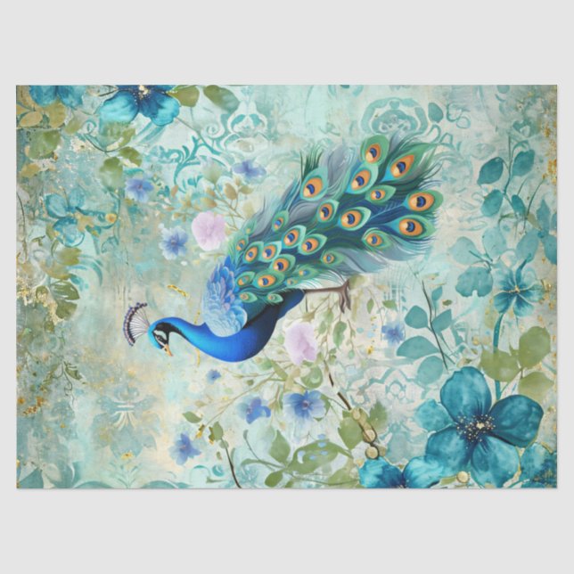 Papel De Seda Pavão Elegante Floral Azul Envelhecido (Frente )