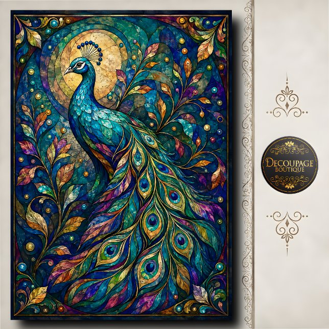 Papel De Seda Pavão em Decoupage Vidro Pintado (Stained Glass Peacock Decoupage Tissue Paper)