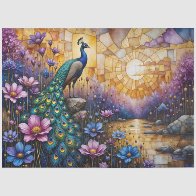 Papel De Seda Pavão em Paisagem Floral (Frente )