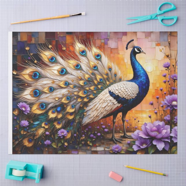 Papel De Seda Pavão em Paisagem Floral de Patchwork (Arte )