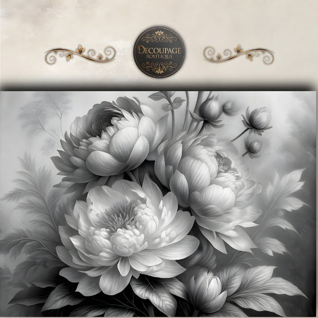Papel De Seda Pavão Floral Preto Branco Decoupage (Black White Peony Floral Decoupage Tissue Paper)