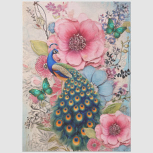 Papel De Seda Pavão Rosa e Azul Shabby Chic Florais Decoupage