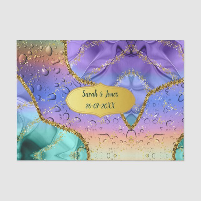 Papel De Seda Pavão Roxo Esmeralda Personalizado com Gotículas d (Frente )