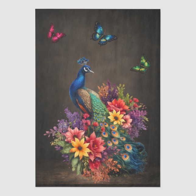 Papel De Seda Pavões Florais & Borboletas Decoupage (Frente )