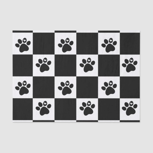 Papel De Seda Pawprint Preto e Branco Verificado (Frente )
