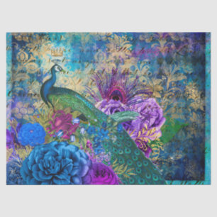 Papel De Seda Peacock Cortado na Decoupage Floral Azul Roxo