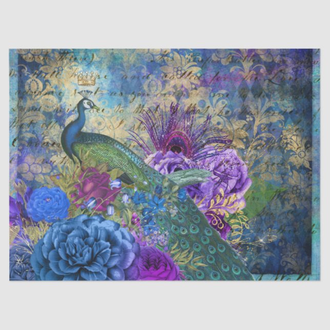 Papel De Seda Peacock Cortado na Decoupage Floral Azul Roxo (Frente )