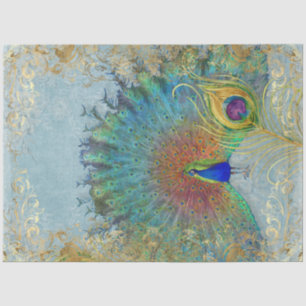Papel De Seda Peacock Decoupage Azul Teto Gold Foil Feather Art