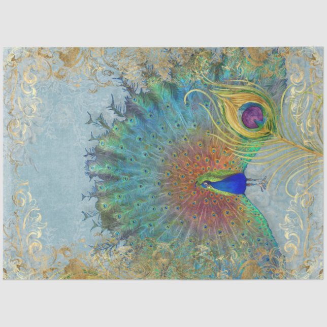 Papel De Seda Peacock Decoupage Azul Teto Gold Foil Feather Art (Frente )