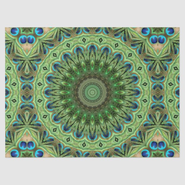 Papel De Seda Peacock Feather Mandala Emerald e Blue Symtry (Frente )
