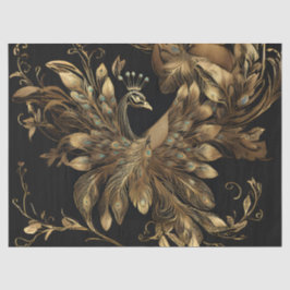 Papel De Seda Peacock ouro com penas azuis em preto