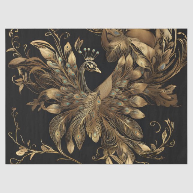 Papel De Seda Peacock ouro com penas azuis em preto (Frente )