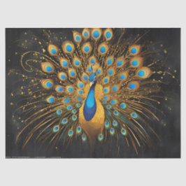 Papel De Seda Peacock ouro com penas azuis em preto